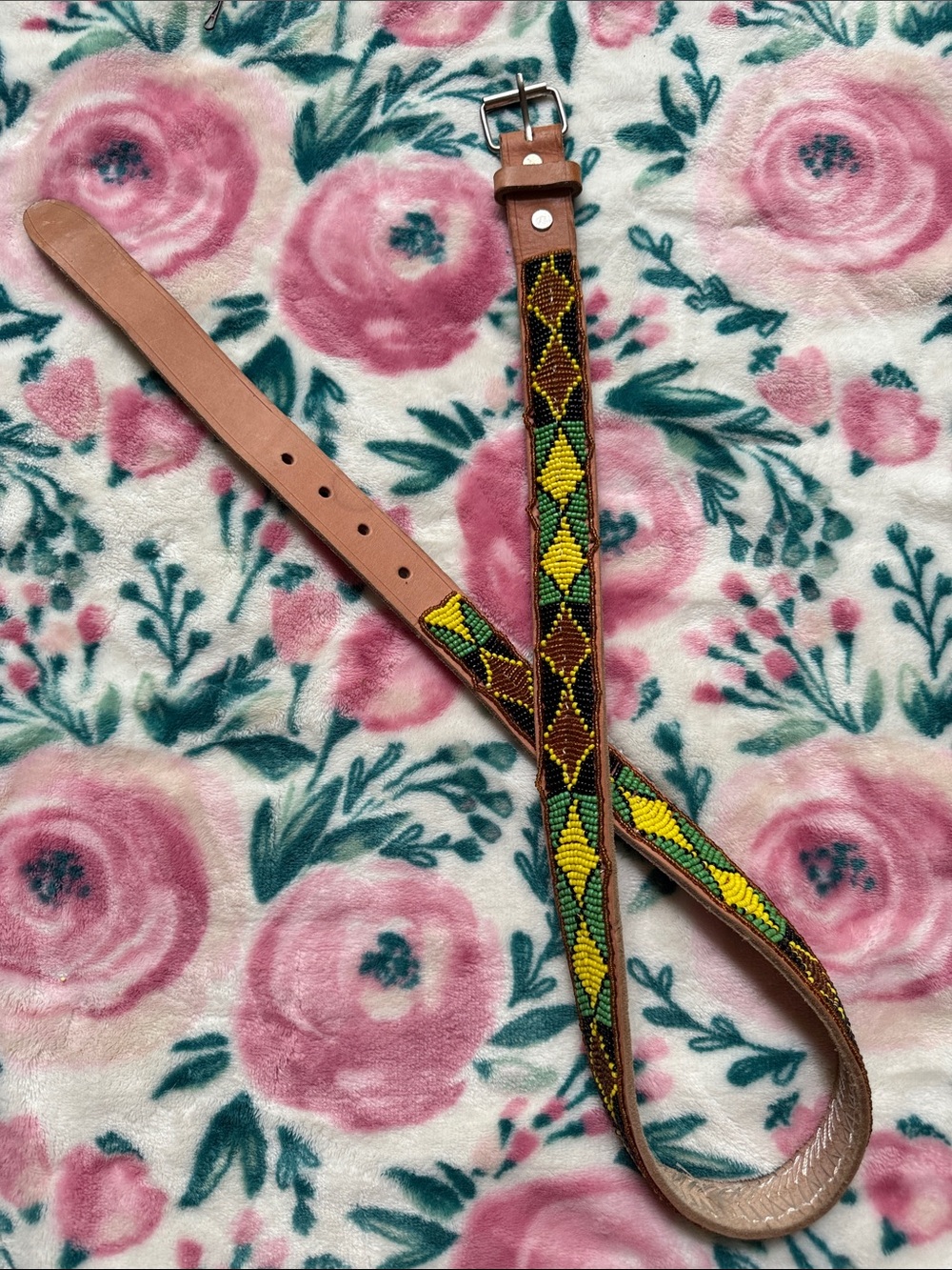 Beaded Brown Leather Women's Belt with Yellow & Green Pattern